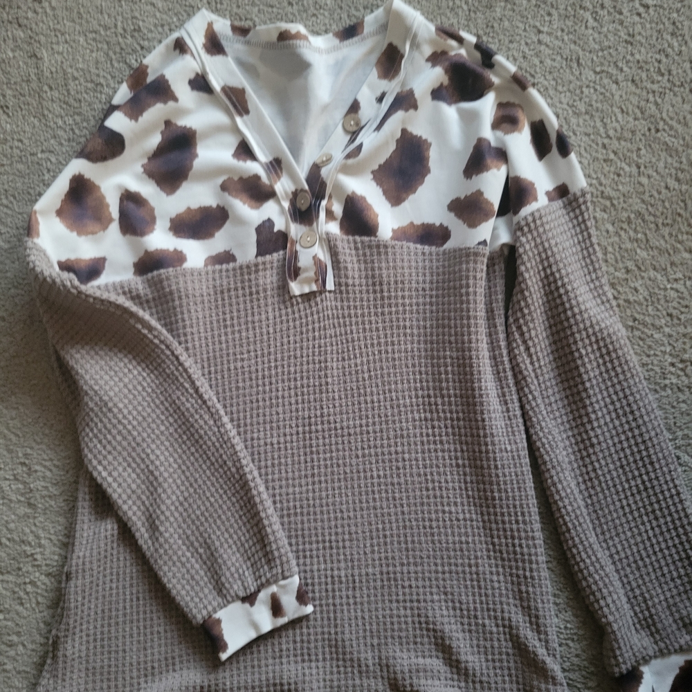 Cow Print and Brown Waffle Knit Women's Sweater